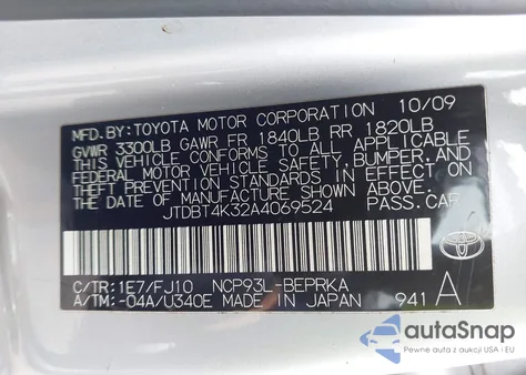 2010 Toyota Yaris from USA, damaged, VIN JTDBT4K32A4069524